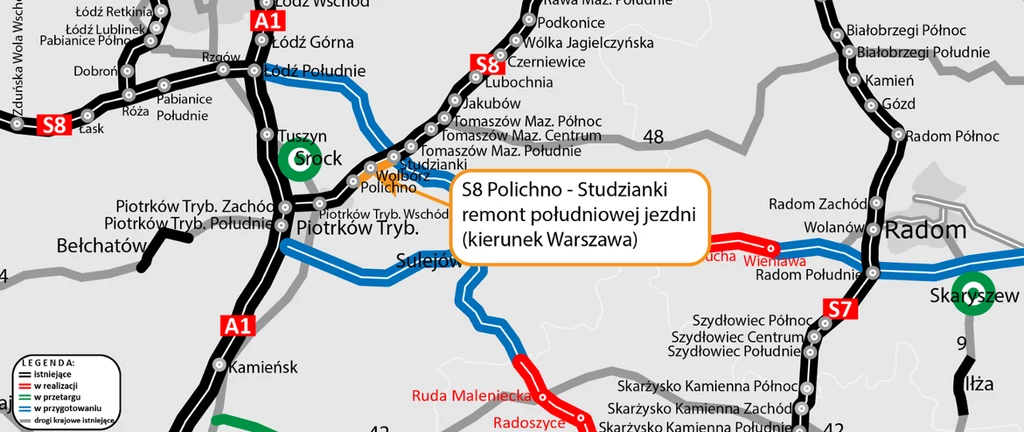 Remont 9-kilometrowego odcinka potrwa około czterech miesięcy. fragment mapy drogowej Polski z zaznaczeniem trasy S8 oraz informacją o remoncie południowej jezdni na odcinku Polichno–Studzianki w kierunku Warszawy, widoczne są także inne trasy, miasta oraz legenda oznaczeń