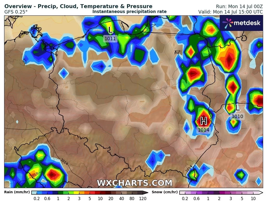 Deszcze i burze po południu nawiedzą dużą część Polski Kolorowa mapa Polski i okolicznych krajów z nałożonymi obszarami opadów deszczu, chmur, temperatury oraz ciśnienia atmosferycznego, wyraźnie oznaczone są strefy intensywnych opadów, regiony wysokiego i niskiego ciśnienia oraz legenda ze skalą opadów.
