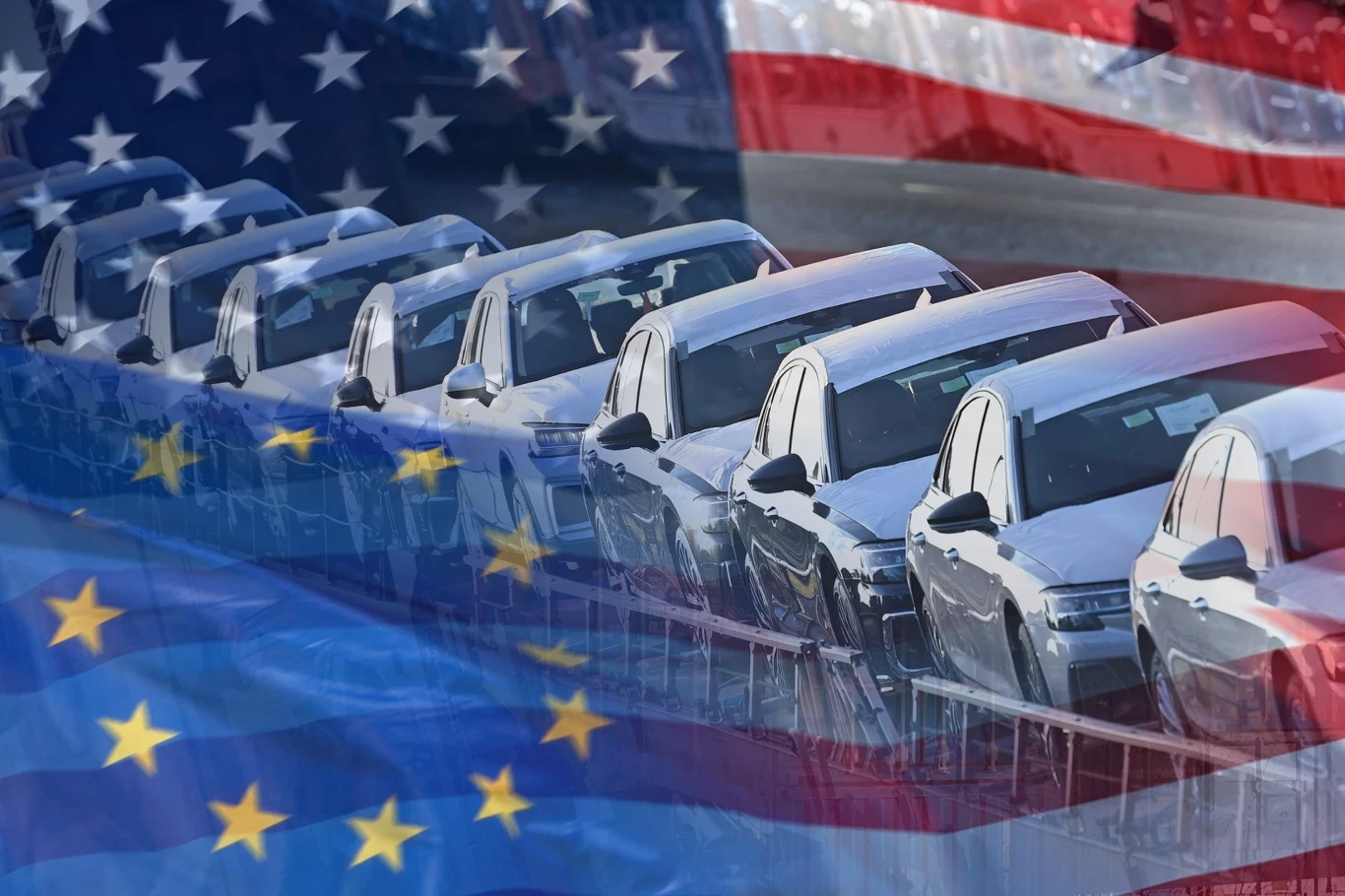 Wciąż ważą się losy Rząd samochodów ustawionych jeden za drugim, w tle widoczne nałożone flagi Stanów Zjednoczonych i Unii Europejskiej, co może sugerować tematykę międzynarodowego handlu, współpracy lub konkurencji pomiędzy USA a UE w sektorze motoryzacyjnym.