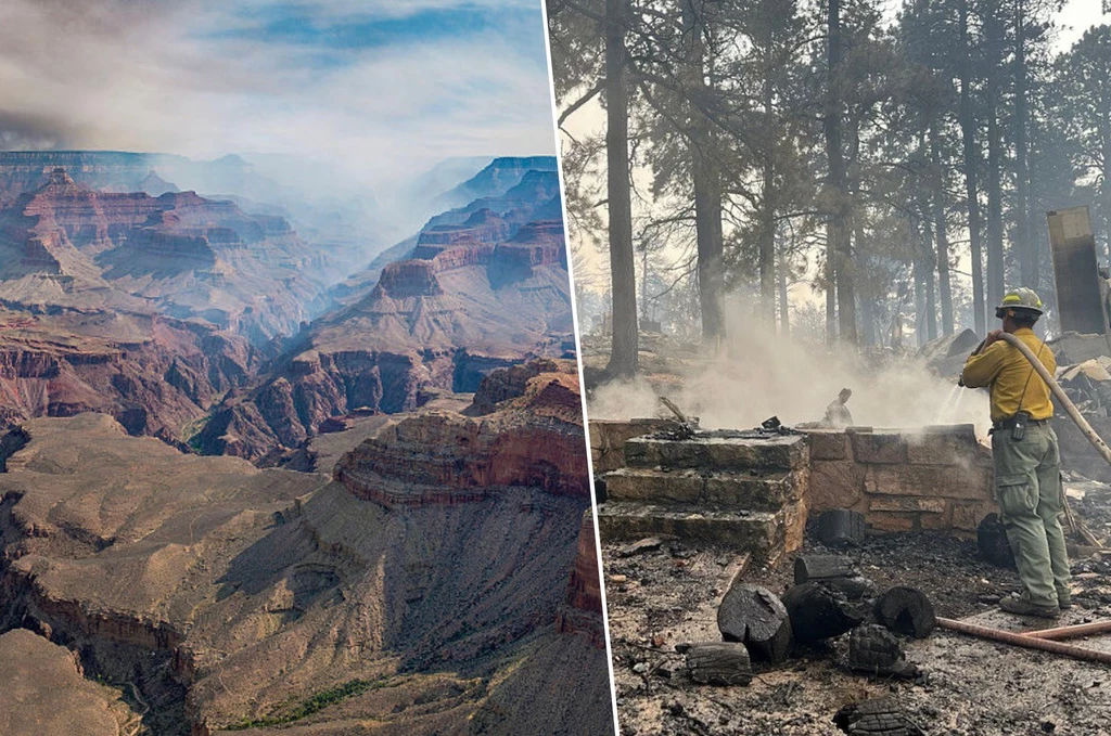 Płonące tereny w rejonie Wielkiego Kanionu w Arizonie. Spłonęły historyczne zabudowania bazy noclegowej Grand Canyon Lodge, działającej w tym rejonie od prawie 90 lat Płonące tereny w rejonie Wielkiego Kanionu w Arizonie. Spłonęły historyczne zabudowania bazy noclegowej Grand Canyon Lodge, działającej w tym rejonie od prawie 90 lat