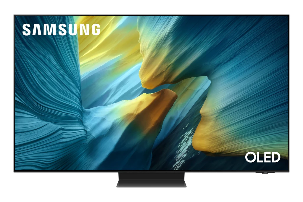 Modele telewizorów Samsung OLED charakteryzują się niezrównaną jakością obrazu z pięknymi, realistycznymi kolorami Ekran telewizora Samsung OLED wyświetlający abstrakcyjną grafikę w niebiesko-żółtej kolorystyce, cienka ramka oraz nowoczesna, minimalistyczna podstawa.