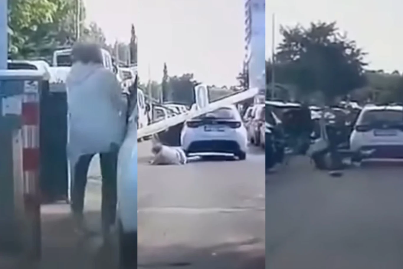 Dramatyczne sceny pod szpitalem w Jastrzębiu-Zdroju. Kolizja małego samolotu z samochodem na ulicy, ludzie obecni w pobliżu zdarzenia, jeden z nich leżący na ziemi podczas incydentu, otoczenie miejskie z zaparkowanymi pojazdami.