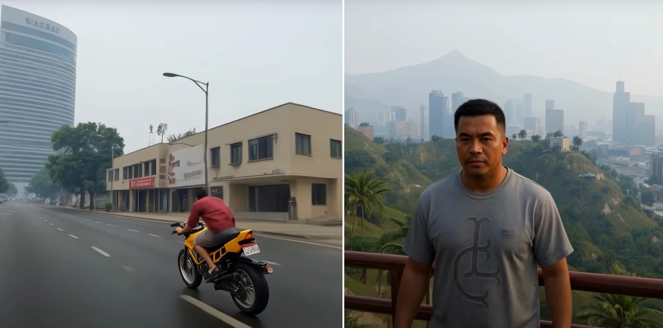 fragment filmu umieszczonego w serwisie YouTube @Aillusory Po lewej stronie motocyklista jedzie samotnie pustą ulicą w centrum miasta, w tle nowoczesny wysoki biurowiec i niskie budynki komercyjne. Po prawej stronie mężczyzna stoi na tle panoramy miasta z wysokimi wieżowcami i górzystym krajobrazem w lekkiej m...