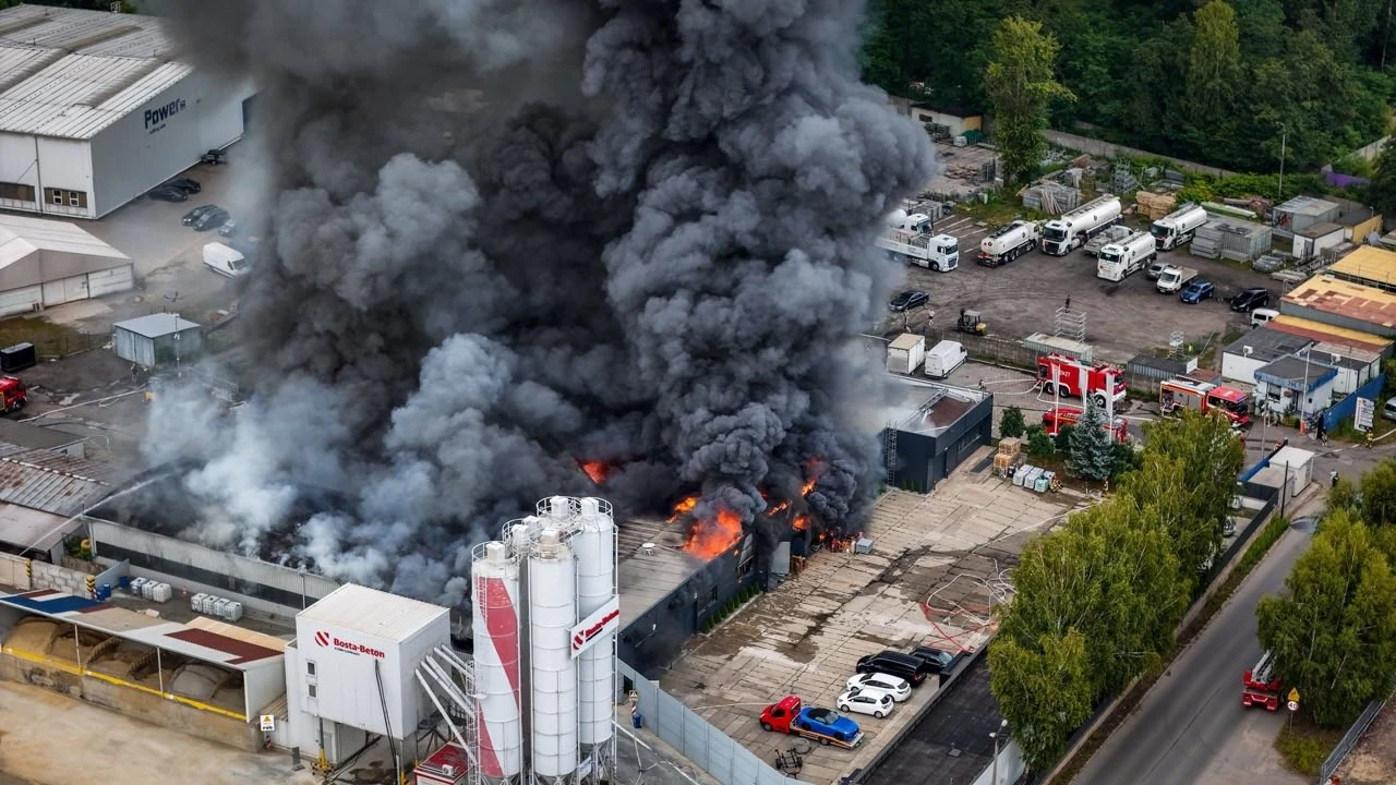 Pożar hali w Siemianowicach Śląskich Gęsty czarny dym unosi się nad płonącą halą przemysłową, wokół widoczne są wozy strażackie oraz przemysłowa zabudowa i silosy, teren otaczają drzewa oraz droga z zaparkowanymi pojazdami.