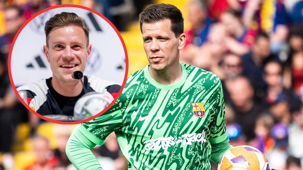 Wojciech Szczęsny i Marc-Andre ter Stegen Bramkarz w zielonym stroju Barcelony trzyma piłkę na boisku, w tle rozmyci kibice na trybunach; w lewym górnym rogu widoczne okrągłe wstawienie z uśmiechniętym mężczyzną przy mikrofonie.