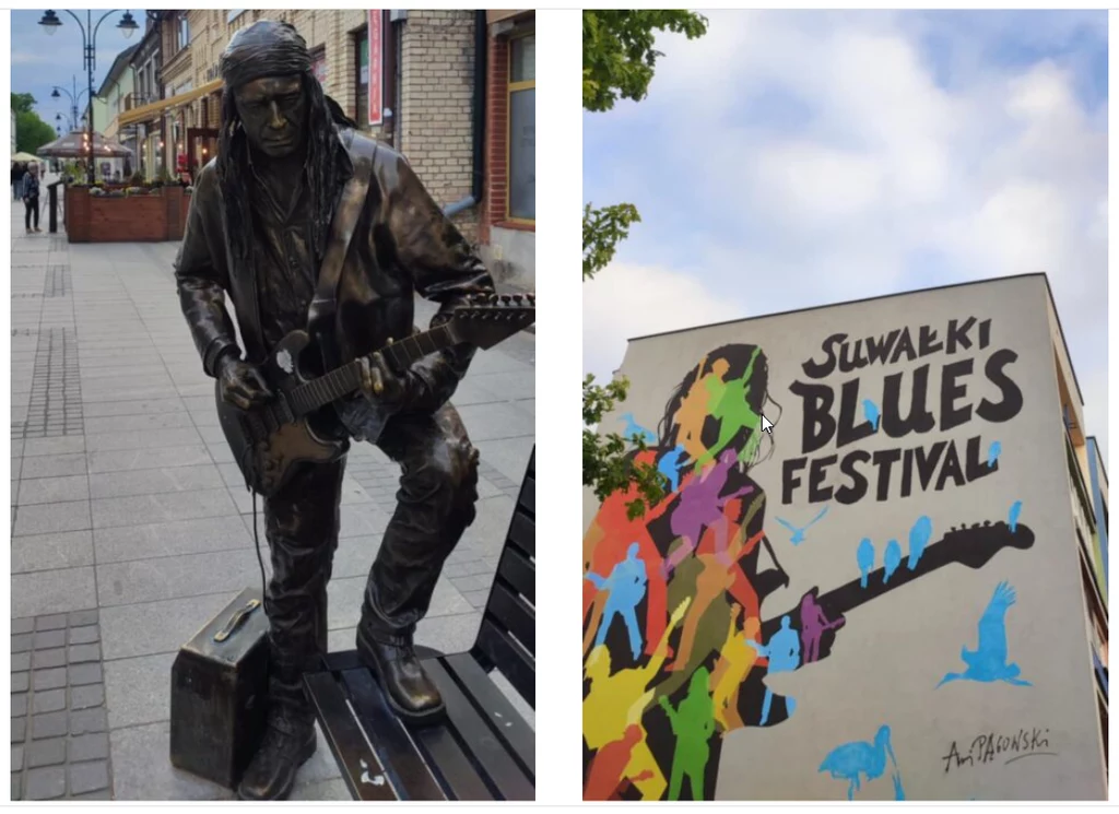 Ulica Chłodna w Suwałkach Po lewej stronie pomnik przedstawiający gitarzystę, stojącego na miejskim deptaku z gitarą elektryczną i wzmacniaczem. Po prawej mural reklamujący Suwałki Blues Festival, ukazujący kolorową sylwetkę gitarzysty z napisem wydarzenia.