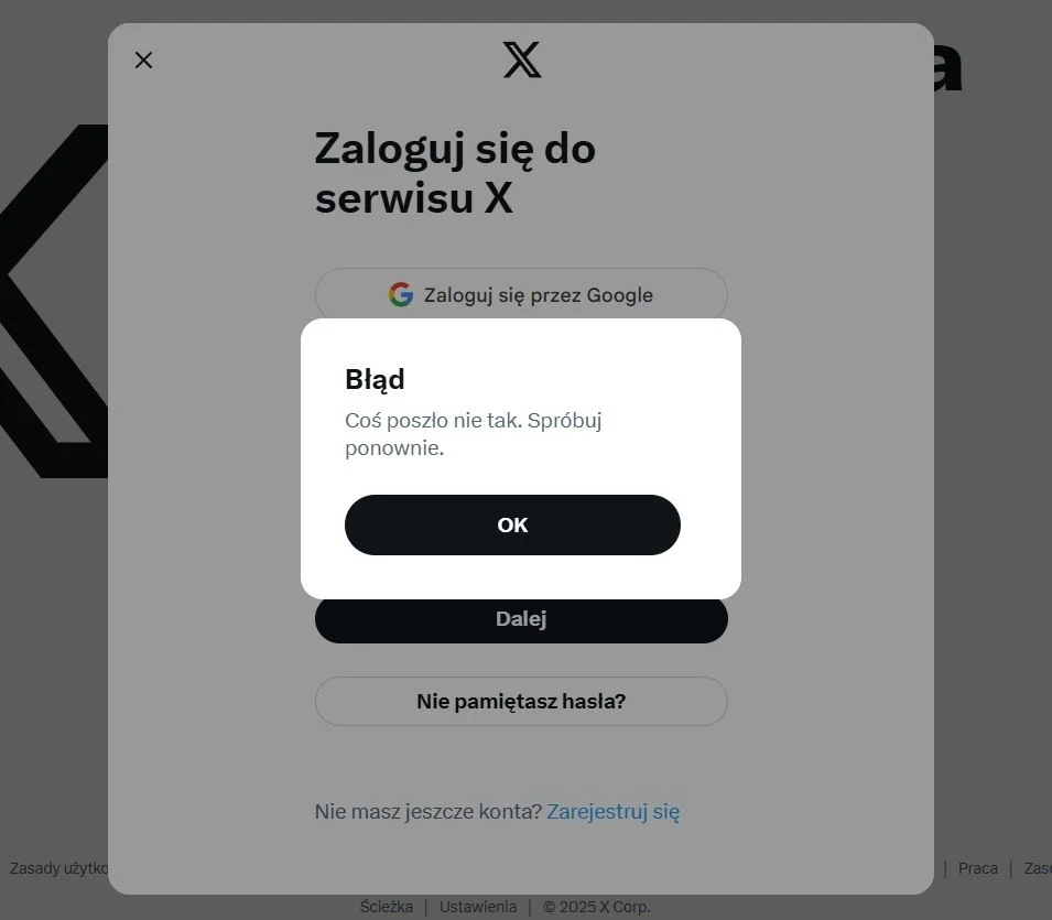 Komunikat z serwisu X pryz próbie logowania we wtorek rano.
