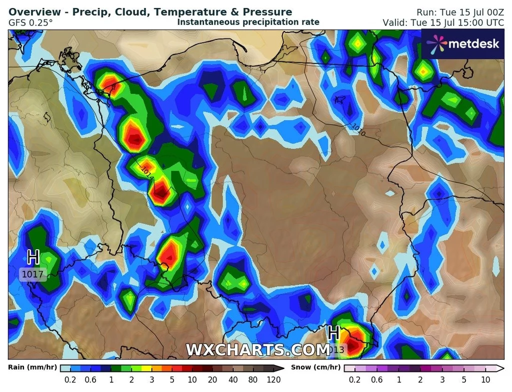 Na burze we wtorek trzeba uważać przede wszystkim na zachodzie i północy kraju Kolorowa mapa pogodowa prezentuje prognozę opadów, chmur, temperatury i ciśnienia atmosferycznego na tle regionu geograficznego, z oznaczeniami obszarów o intensywnych opadach deszczu oraz zaznaczonymi strefami wysokiego i niskiego ciśnienia.
