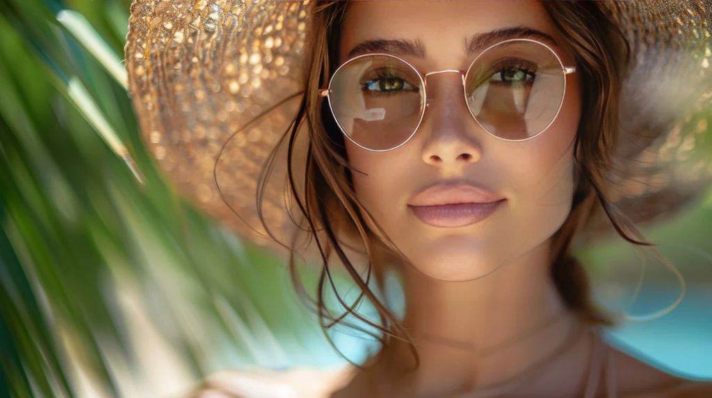 Numerologiczny reset w sierpniu. Czego się pozbyć, by ruszyć do przodu Młoda kobieta w dużym słomkowym kapeluszu i okularach przeciwsłonecznych, zrelaksowana w słonecznym, letnim otoczeniu, w tle zielone liście palm.