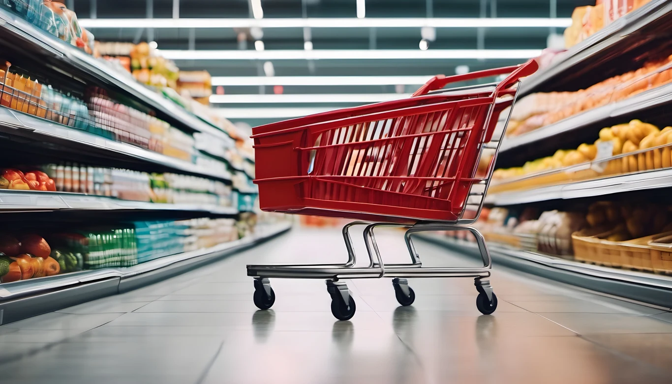 Pusty czerwony wózek sklepowy ustawiony na środku szerokiej alejki w supermarkecie, po obu stronach regały wypełnione warzywami, owocami oraz innymi produktami spożywczymi pod oświetleniem sklepowym.