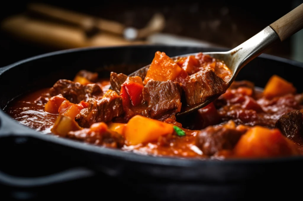 Gulasz można podawać na wiele sposobów z różnymi dodatkami Duszone kawałki wołowiny z warzywami takimi jak marchewka i papryka zanurzone w aromatycznym, gęstym sosie pomidorowym w głębokim garnku, łyżka unosi porcję potrawy.