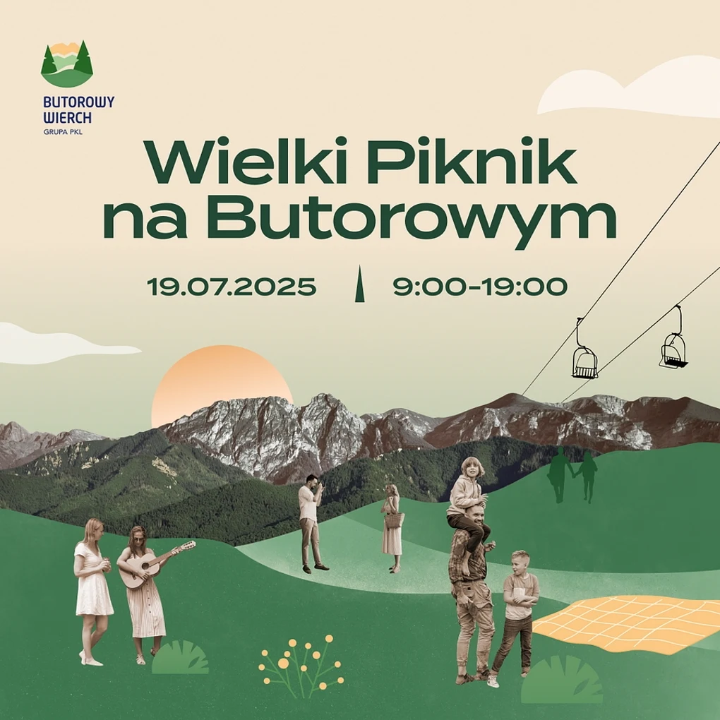 Grupa osób biorąca udział w plenerowym pikniku, osoby angażujące się w różne aktywności, wokół rozciągają się górskie krajobrazy, widoczne kolejki linowe, elementy piknikowego wyposażenia oraz duże napisy informujące o dacie i godzinach wydarzenia "Wie...