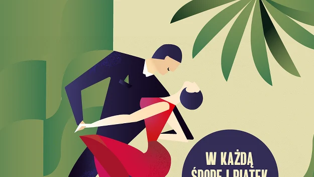 Para tańcząca w stylu retro w dynamicznej pozie na tle kolorowej, stylizowanej grafiki z informacjami o wydarzeniu tanecznym odbywającym się na Górze Parkowej, z podanymi datami i godzinami.