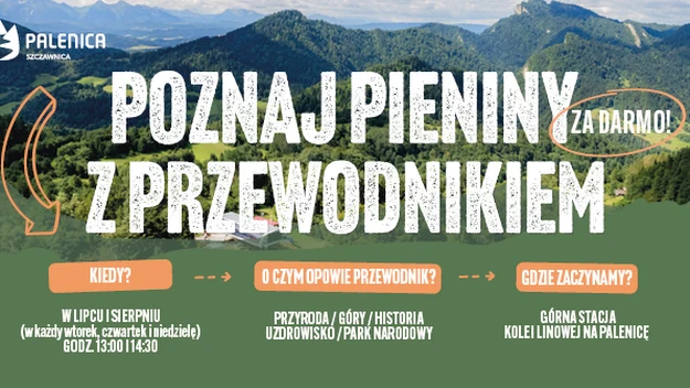 Malowniczy krajobraz górski Pienin w tle, a na pierwszym planie kolorowa grafika promocyjna zachęcająca do zwiedzania regionu z przewodnikiem, z podanymi szczegółami dotyczącymi terminów, miejsc spotkań i tematyki wycieczek.