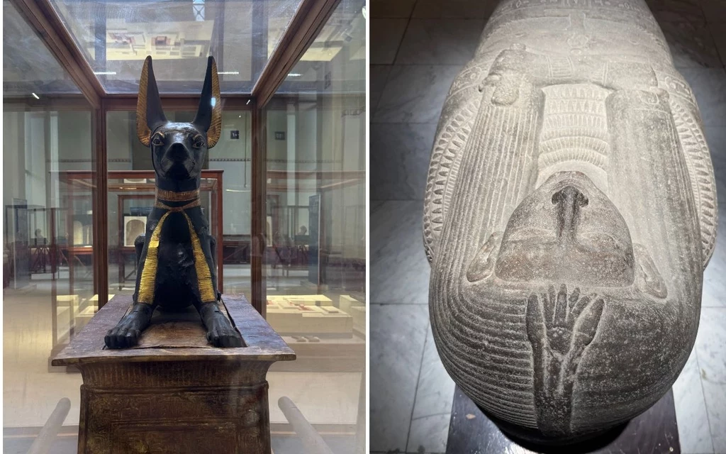 W zbiorach muzeum znajduje się ponad 120 tysięcy eksponatów, w tym posągi faraonów, papirusy, biżuteria, mumie oraz słynne skarby z grobowca Tutenchamona Figurka Anubisa o czarnej sierści i złotych detalach umieszczona na trumnie w szklanej gablocie muzealnej oraz starożytna kamienna trumna z reliefem przedstawiającym postać z dłońmi złożonymi na piersi.