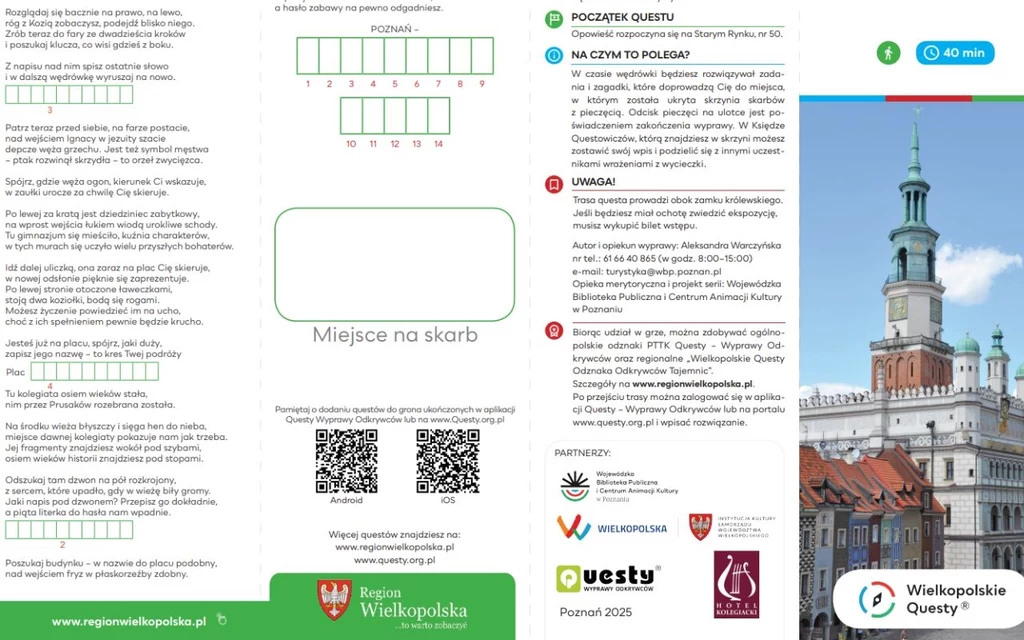 Ulotka informacyjna dotycząca questingu w Poznaniu z widocznym opisem trasy, polami na wpisywanie liter oraz grafiką Ratusza Poznańskiego w prawym dolnym rogu. Zawiera logotypy organizatorów, kody QR oraz szczegóły dotyczące rozpoczęcia i przebiegu que...