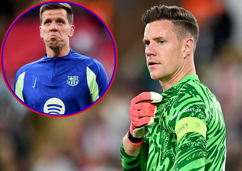 Wojciech Szczęsny i Marc-Andre ter Stegen Dwóch znanych bramkarzy piłkarskich, jeden z nich w zielonym stroju sportowym, drugi w granatowej bluzie z herbem klubu FC Barcelona widoczny w okrągłym kadrze w lewym górnym rogu, tło rozmyte w barwach stadionu.