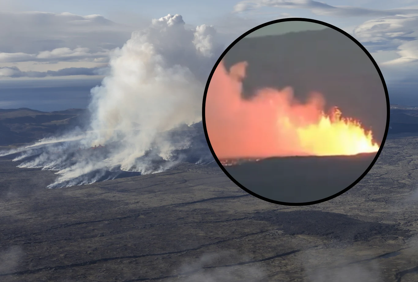 Wybuch wulkanu na Islandii. Dym przykrył miasteczko rybackie Grindavik Erupcja wulkanu z gęstymi, białymi chmurami dymu unoszącymi się nad krajobrazem, w prawym rogu powiększenie ukazujące intensywnie płonącą lawę.
