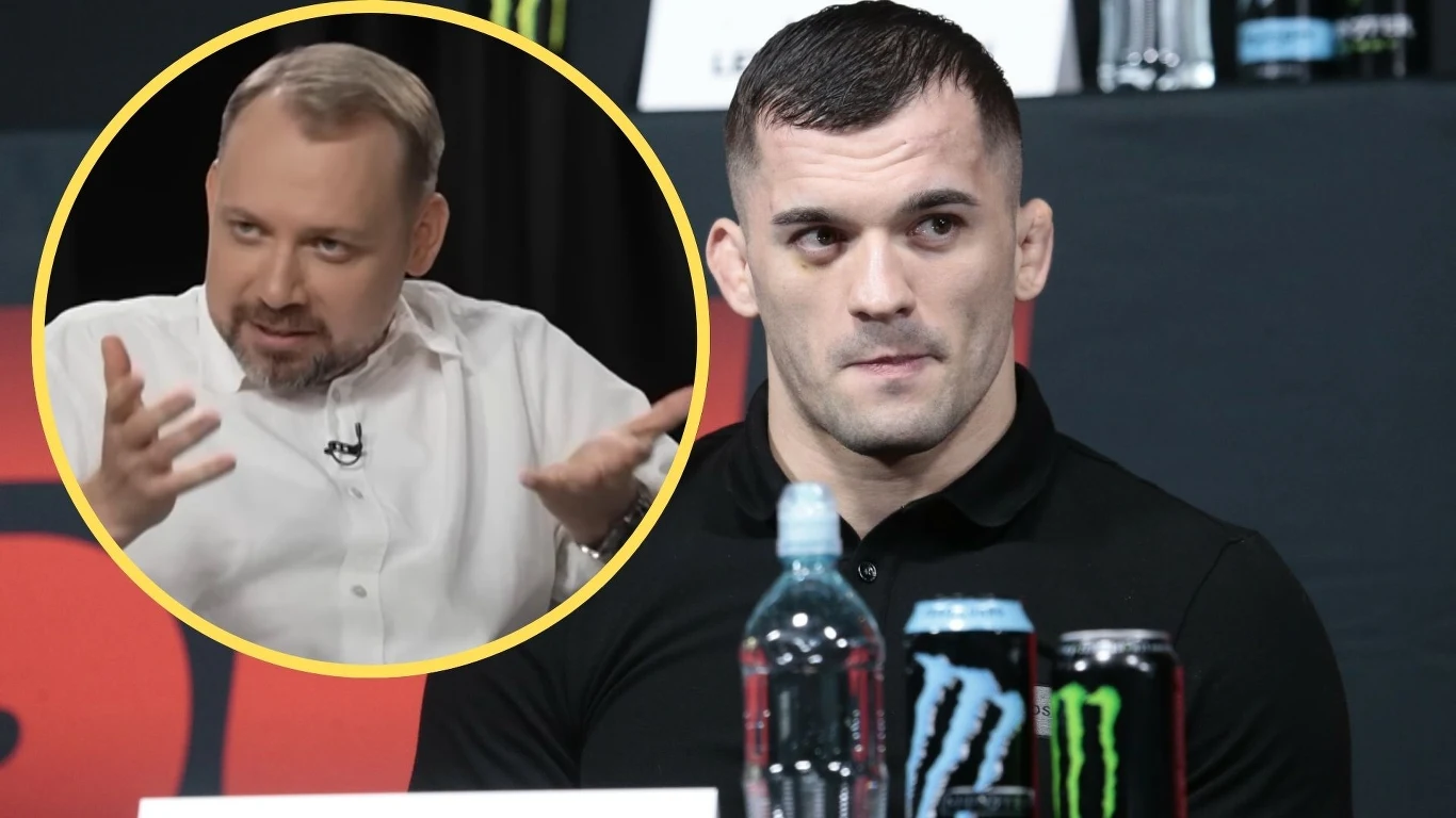Roberto Soldić, Wojsław Rysiewski Mężczyzna w czarnej koszulce siedzi przy stole z napojami energetycznymi, w tle widoczne są butelki, a obok w kółku znajduje się twarz innego mężczyzny gestykulującego dłońmi