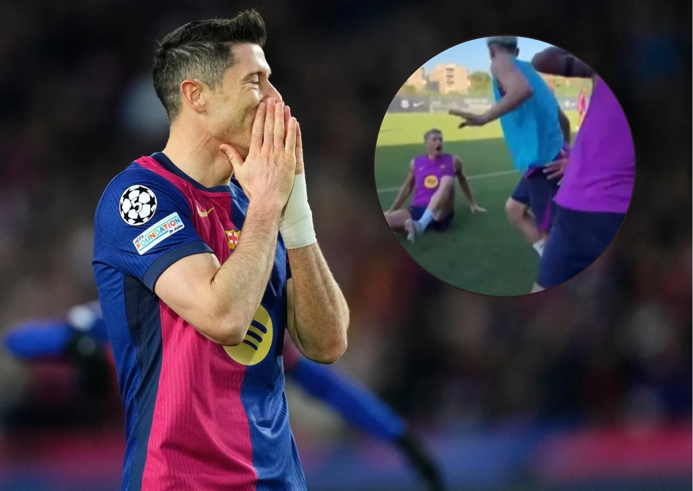 Piłkarz w koszulce FC Barcelony z dłoniami przy twarzy w wyrazie rozczarowania lub smutku, w tle rozmazane sylwetki zawodników, w prawym górnym rogu okrągła wstawka z sytuacją na boisku, gdzie jedna osoba siedzi na murawie, otoczona przez innych sporto...
