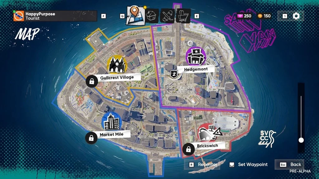 skate. Mapa wyspy z wyraźnie zaznaczonymi dzielnicami: Market Mile, Brickswich, Gullcrest Village oraz Hedgemont, widoczne granice stref oraz ikony reprezentujące kluczowe punkty i obiekty.