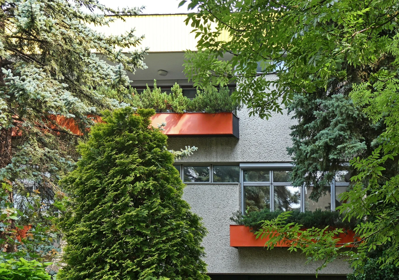 Fasada nowoczesnego budynku mieszkalnego z dużymi oknami i oranżowymi balkonami, obficie otoczona wysokimi drzewami oraz gęstą roślinnością.