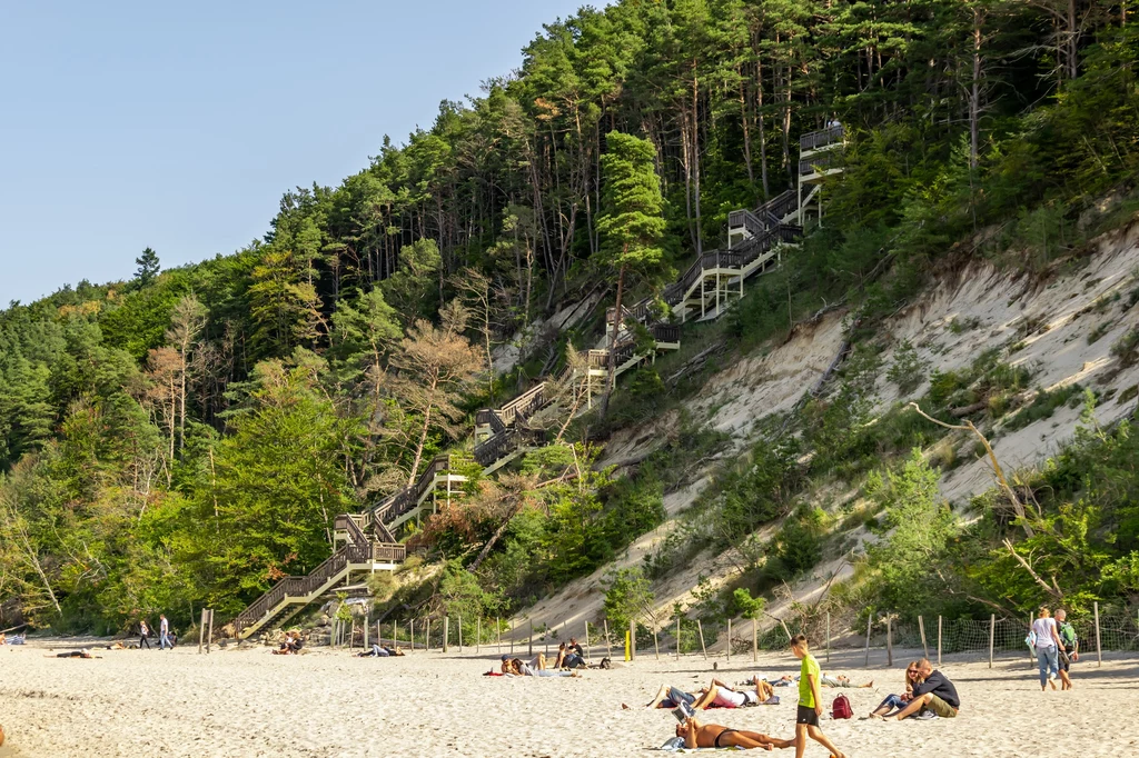 Plaża nad morzem z wysokim, piaszczystym klifem porośniętym sosnowym lasem, na którym widać długie, drewniane schody prowadzące na szczyt skarpy, w tle gęsta zieleń, a na piasku wypoczywający ludzie.