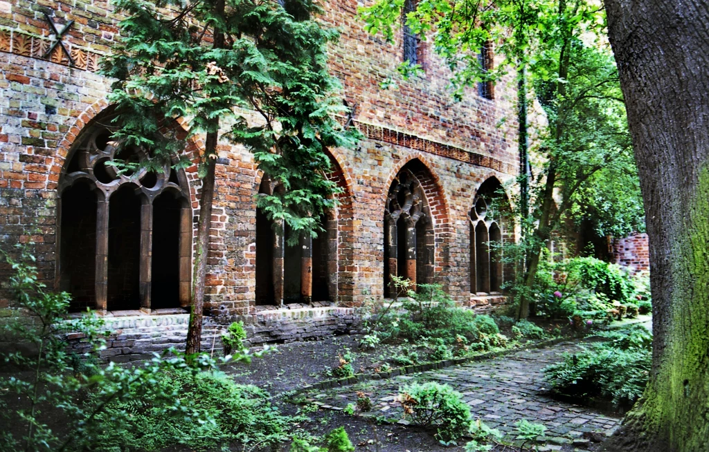 Gotyckie krużganki z ceglanymi arkadami otoczone bujną zielenią, stare drzewa i krzewy tworzą spokojny, historyczny klimat miejsca.