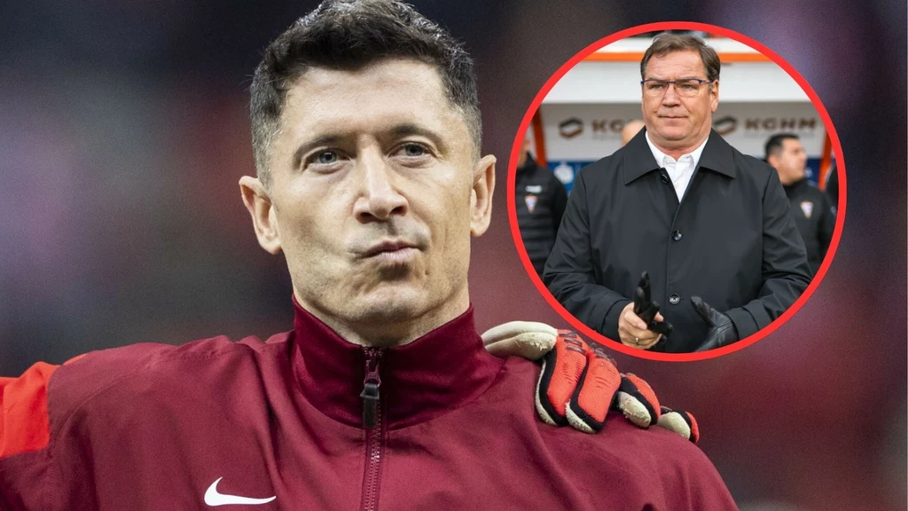 Robert Lewandowski, Jan Urban Znany piłkarz ubrany w czerwony dres sportowy z logo Nike, z ręką ułożoną na sercu, w tle okrągłe zdjęcie mężczyzny w garniturze i płaszczu, stojącego na stadionie.