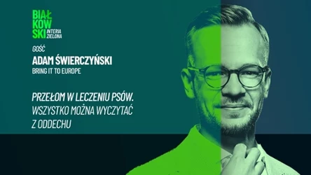 Portret mężczyzny w okularach z nałożonym zielonym filtrem, podzielony na dwie części, obok napisy z informacjami o gościu programu i temacie dotyczącym przełomu w leczeniu psów za pomocą analizy oddechu.