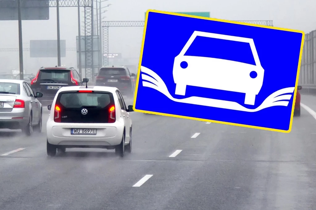 Auto ze skrzydłami na niebieskim tle. Tajemniczy znak drogowy Auto ze skrzydłami na niebieskim tle. Tajemniczy znak drogowy