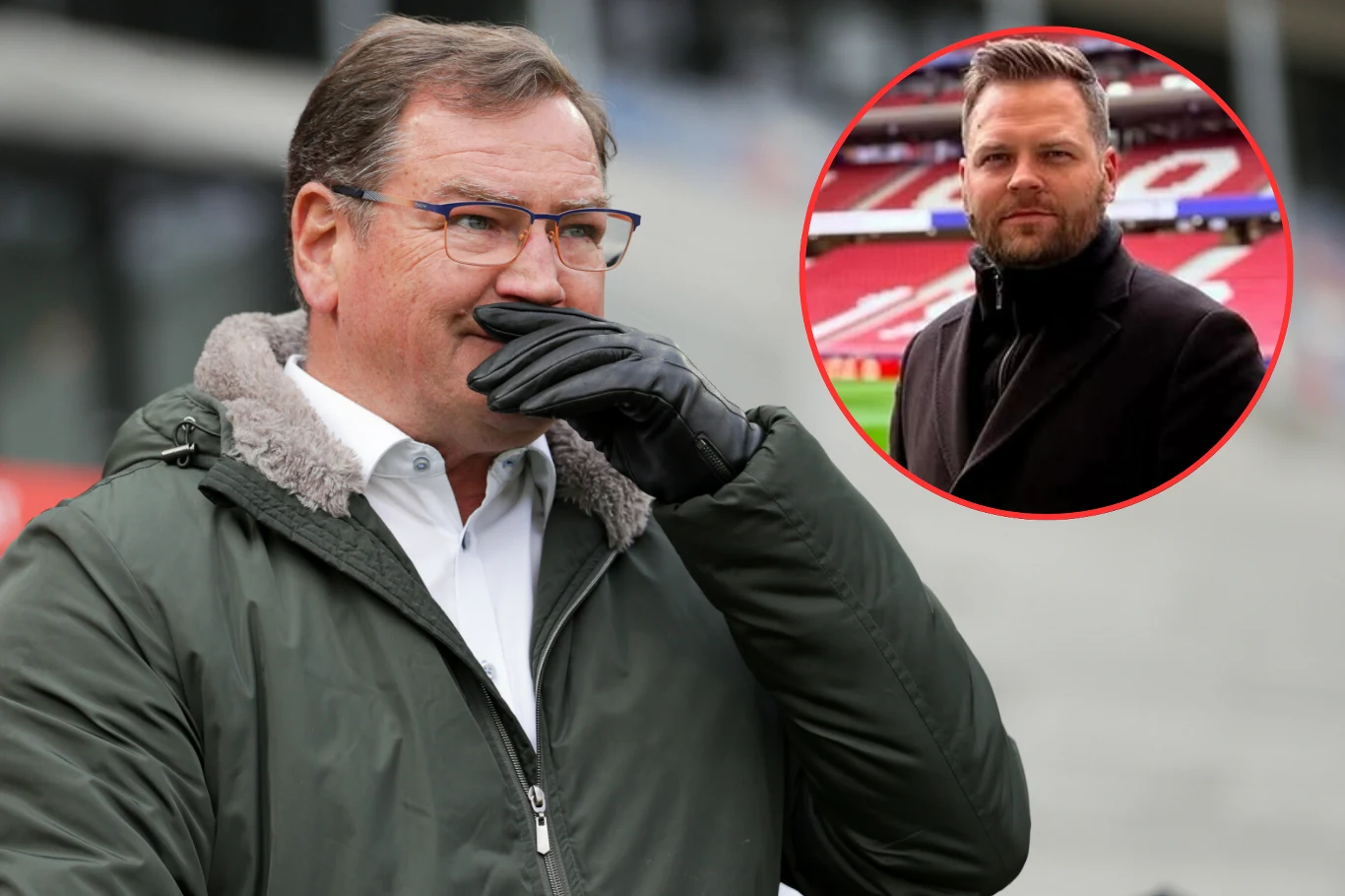 Piotr Urban pełni funkcję dyrektora akademii jednego z polskich klubów Mężczyzna w okularach i zielonej kurtce z futrzanym kapturem trzyma rękę przy ustach, w tle widoczny stadion, w prawym górnym rogu okrągłe wstawienie zbliżenia innego mężczyzny w czarnym płaszczu na stadionie.
