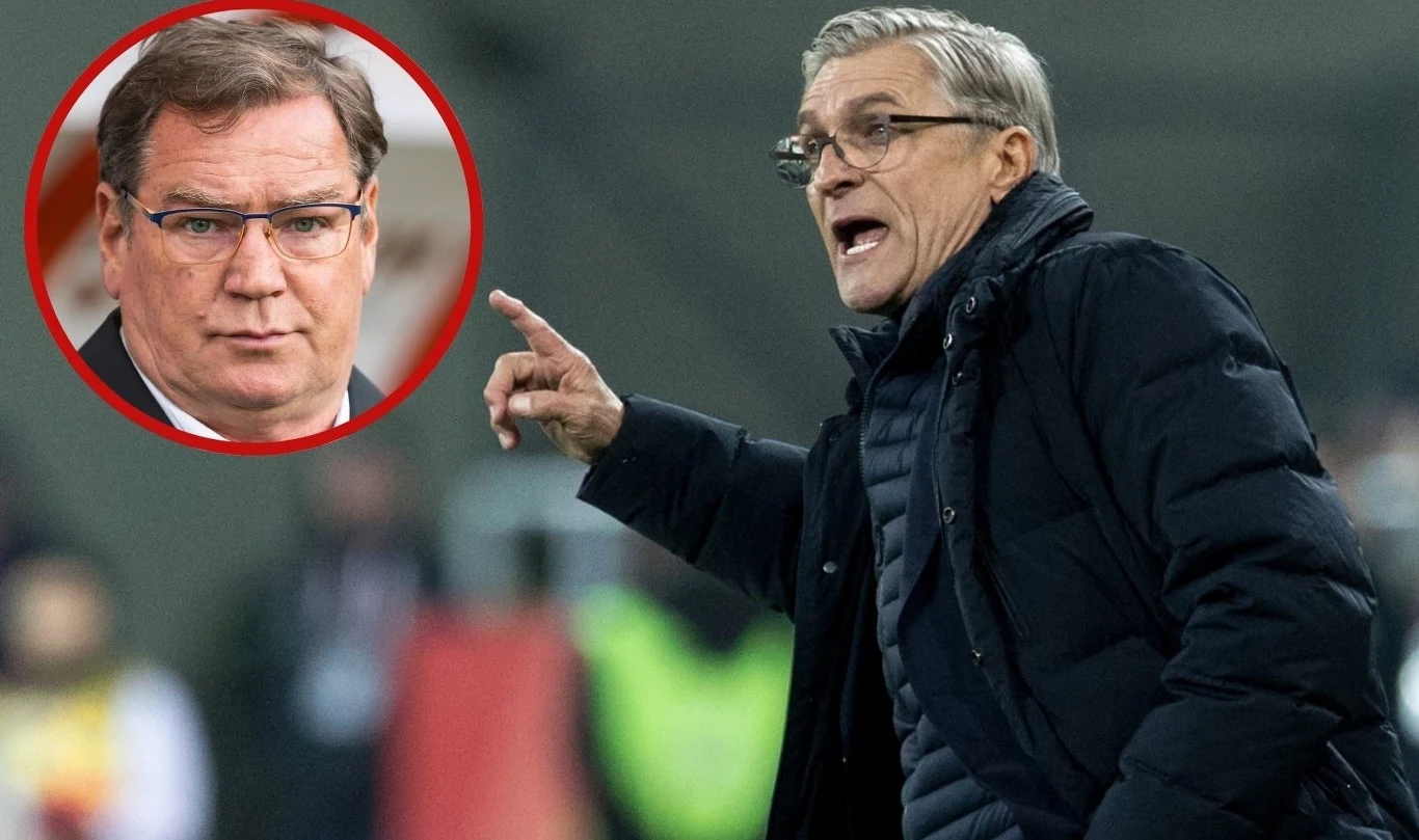 Adam Nawałka zapewnia, że w każdej chwili służy dobrą radą nowemu selekcjonerowi Janowi Urbanowi (Źródło: AFP/Newspix.pl) Mężczyzna w ciemnej kurtce energicznie gestykuluje na tle stadionu, w lewym górnym rogu zdjęcia umieszczone zostało okrągłe zdjęcie innego mężczyzny z poważną miną.