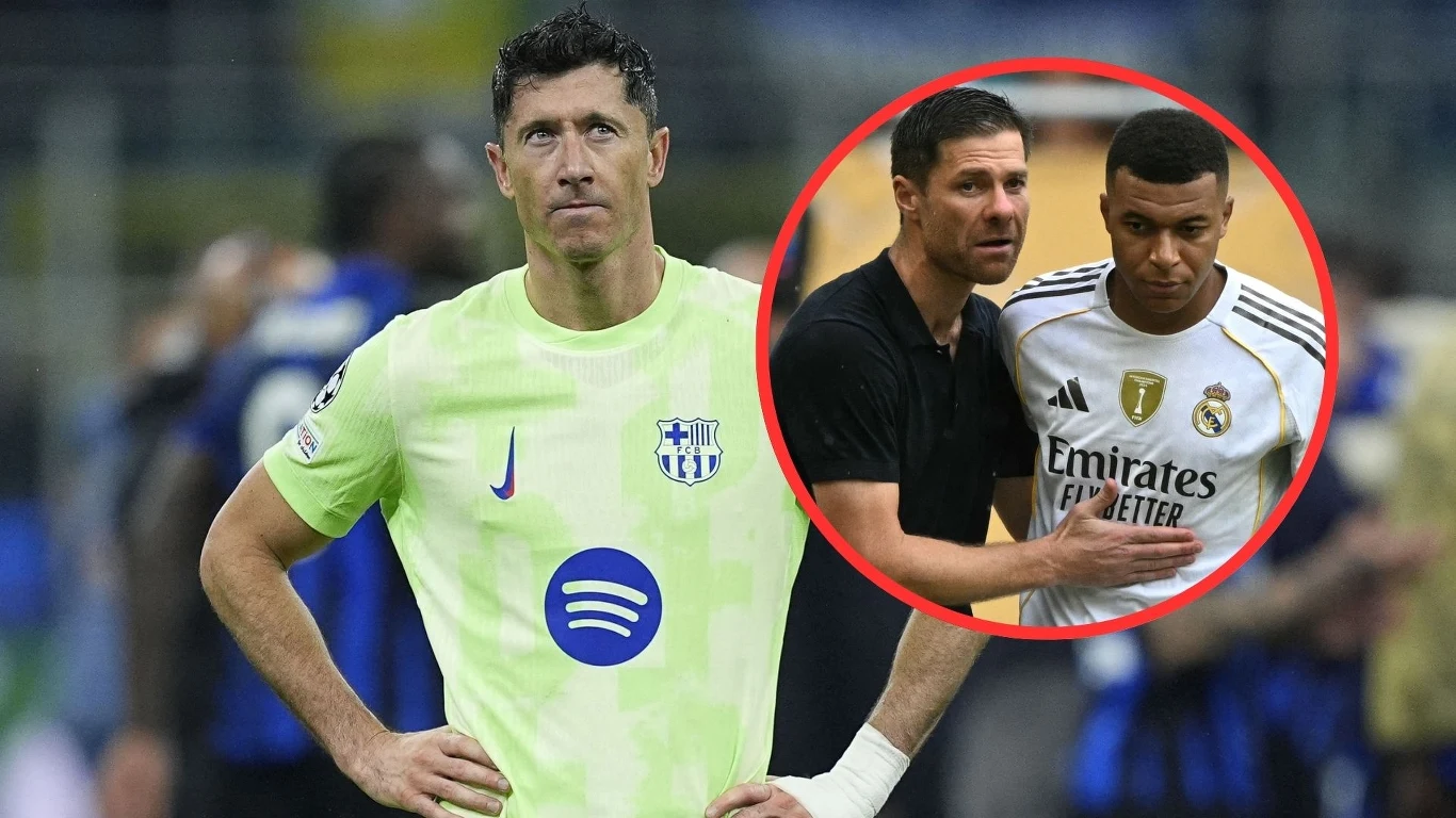 Robert Lewandowski, Xabi Alonso, Kylian Mbappe Piłkarz w seledynowej koszulce z logo FC Barcelony stoi z rękami na biodrach na boisku, w tle rozmazani zawodnicy drużyny przeciwnej; w okrągłej ramce po prawej trener rozmawia z piłkarzem Realu Madryt ubranym w białą koszulkę.