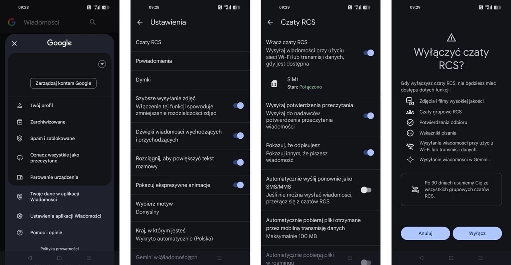 Jak wyłączyć czat RCS w aplikacji Wiadomości na Androidzie? Instrukcja krok po kroku Cztery zrzuty ekranu z ustawień aplikacji Wiadomości Google w trybie ciemnym, obejmujące zarządzanie kontem, powiadomienia, szczegóły dotyczące czatów RCS oraz okno potwierdzające wyłączenie tej funkcji.