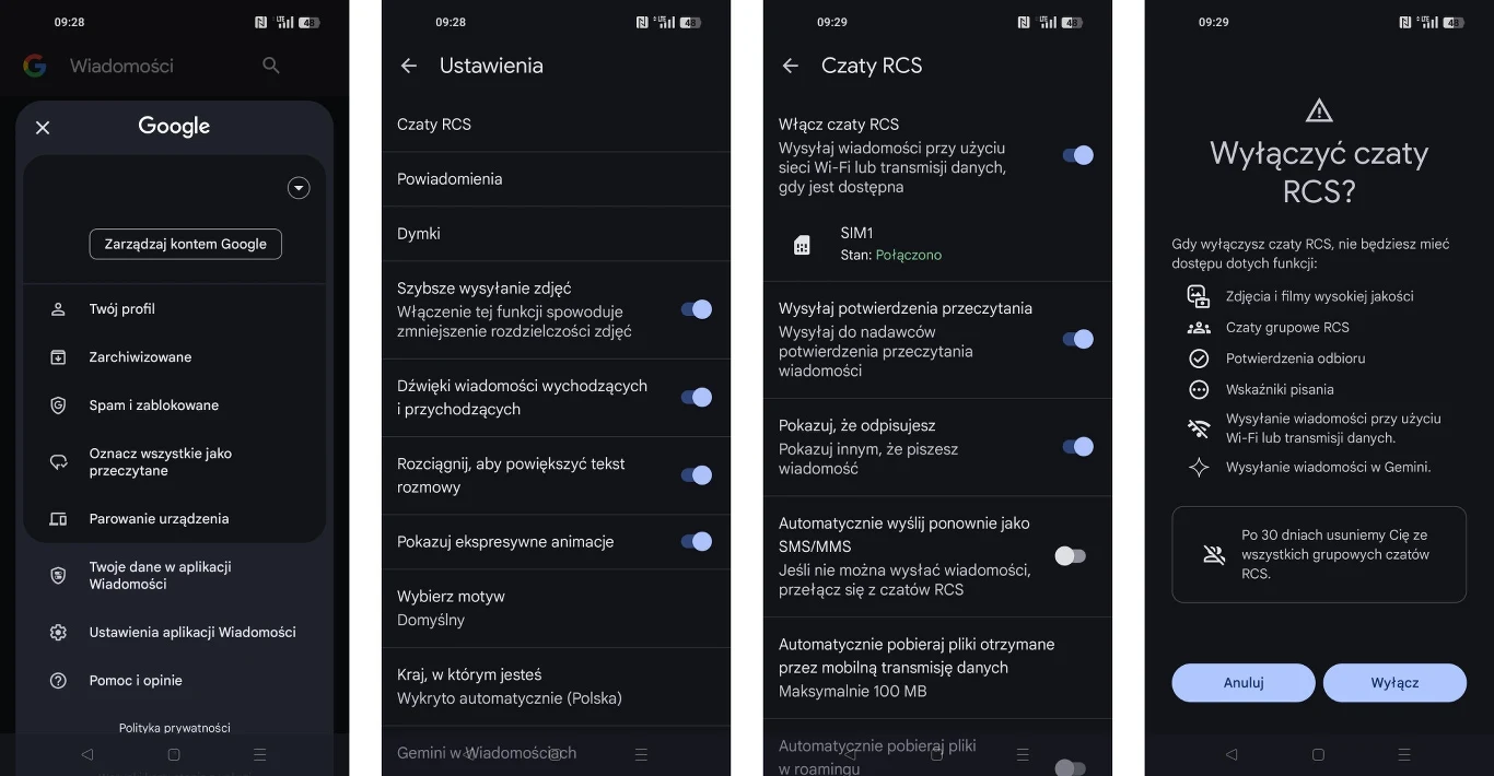Jak wyłączyć czat RCS w aplikacji Wiadomości na Androidzie? Instrukcja krok po kroku Cztery zrzuty ekranu z ustawień aplikacji Wiadomości Google w trybie ciemnym, obejmujące zarządzanie kontem, powiadomienia, szczegóły dotyczące czatów RCS oraz okno potwierdzające wyłączenie tej funkcji.