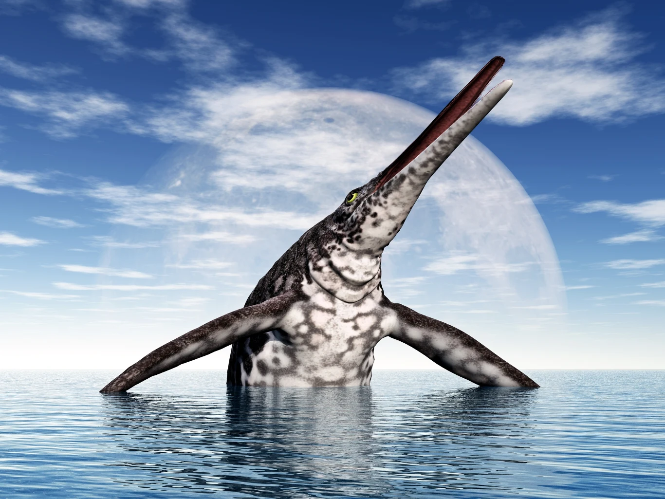 Potężny morski gad prehistoryczny wynurza się z wody na tle nieba z widocznym księżycem, prezentując długi pysk i charakterystyczne płetwy.
