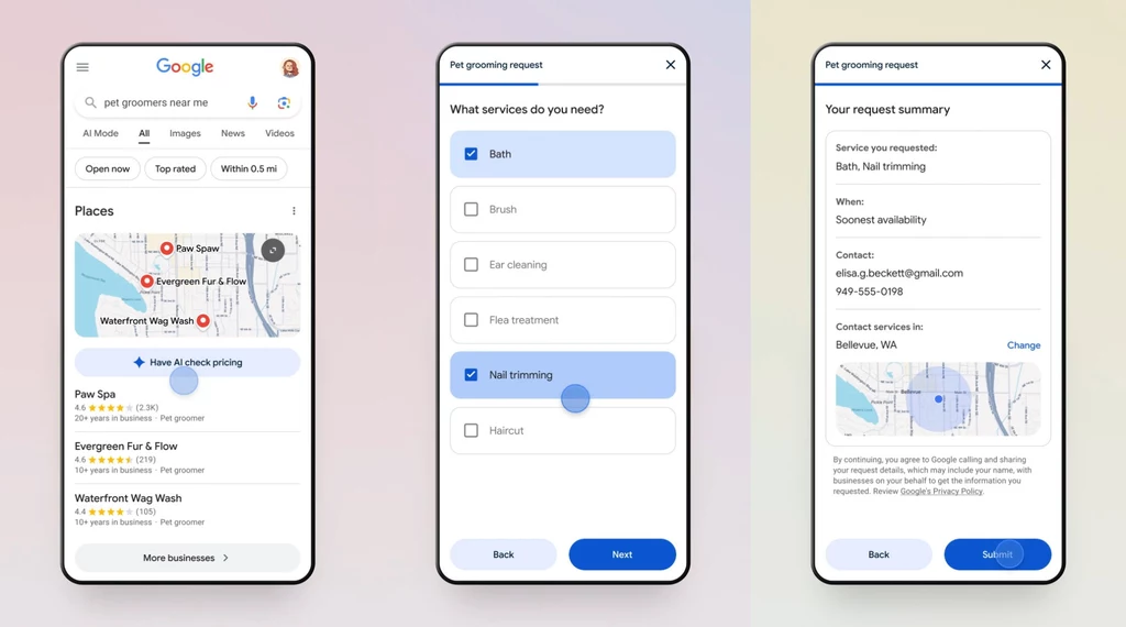 Trzy ekrany aplikacji na smartfonie prezentujące proces zamawiania usług groomingu dla zwierząt domowych. Pierwszy ekran pokazuje wyniki wyszukiwania miejsc na mapie Google, drugi ekran umożliwia wybór usług takich jak kąpiel, szczotkowanie, czyszczeni...