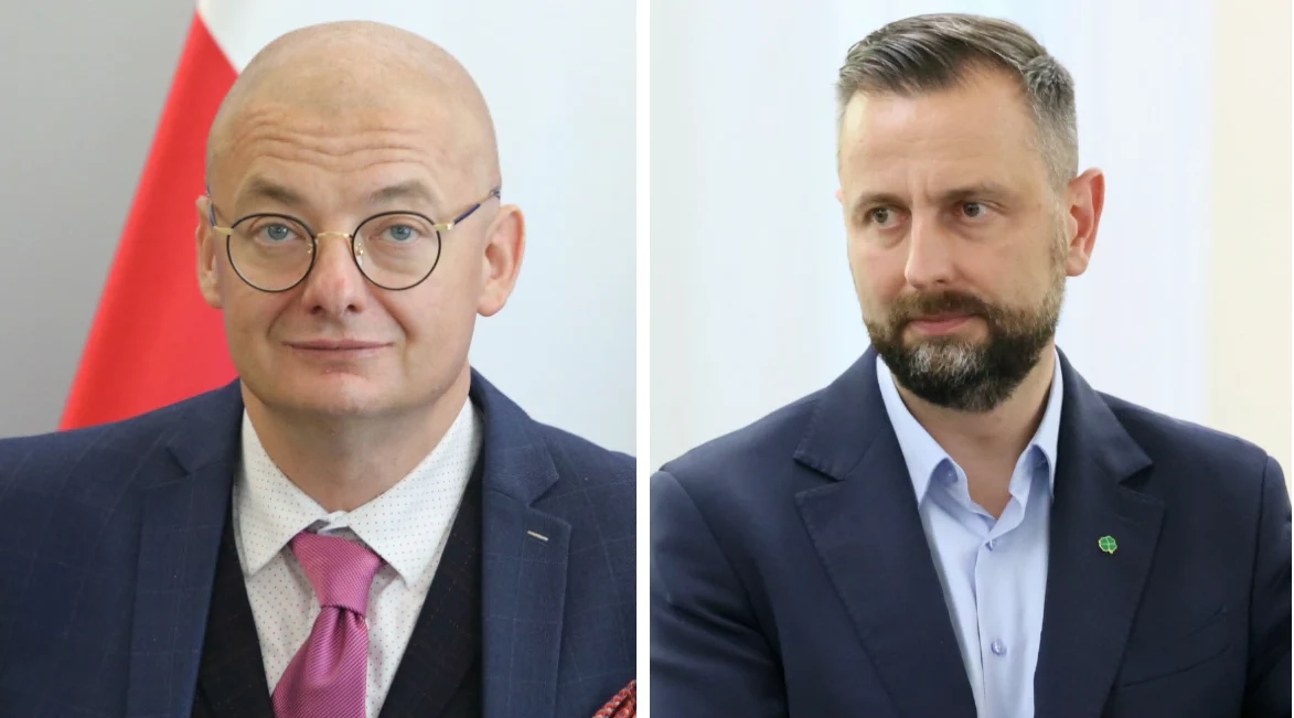 Wicemarszałek Senatu Michał Kamiński i lider PSL Władysław Kosiniak-Kamysz Dwóch mężczyzn ubranych w garnitury na jasnym tle, z czego jeden jest łysy i nosi okulary, a drugi ma zaczesane na bok włosy i brodę, obaj wyglądają poważnie.