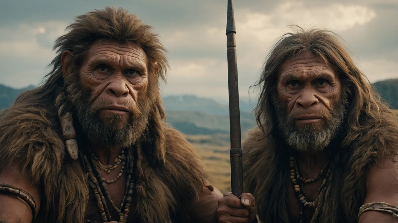 Dwóch prehistorycznych ludzi w futrzanych ubraniach i naszyjnikach z kości, patrzących z powagą na obserwatora, jeden z nich trzyma długą włócznię, w tle rozległy krajobraz z górzystymi wzgórzami pod zachmurzonym niebem.