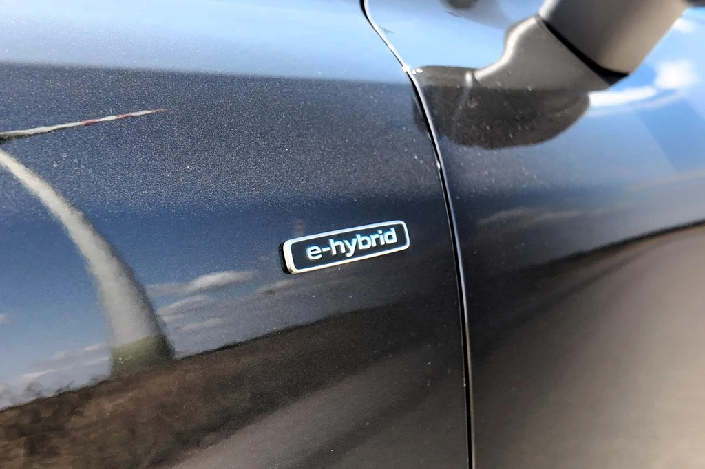 Drzwi samochodu z czarnym, metalicznym lakierem i emblematem e-hybrid, odbicie krajobrazu na powierzchni pojazdu oraz fragment lusterka bocznego.