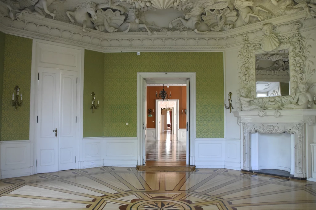Zamek w Rydzynie Bogato zdobiony pokój w stylu klasycystycznym, z ozdobnym kominkiem, dużym lustrem i sztukateriami na suficie, zielonymi tapetami oraz drewnianą podłogą o geometrycznym wzorze; przez otwarte drzwi widoczne kolejne eleganckie pomieszczenia pałacowe.