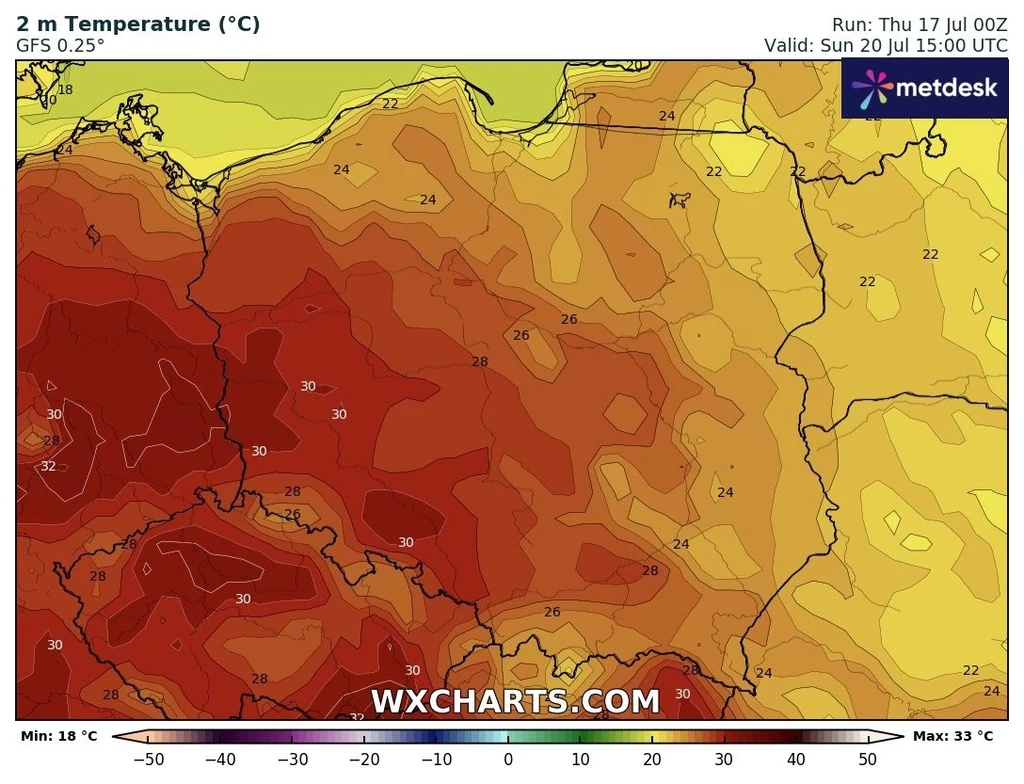 Mapa temperatur w Polsce ukazująca prognozę na 20 lipca, większość kraju znajduje się w strefie wysokich temperatur, w centralnej i południowej części Polski występują wartości powyżej 30°C, w północnej części kraju temperatury niższe, rzędu 22-26°C.
