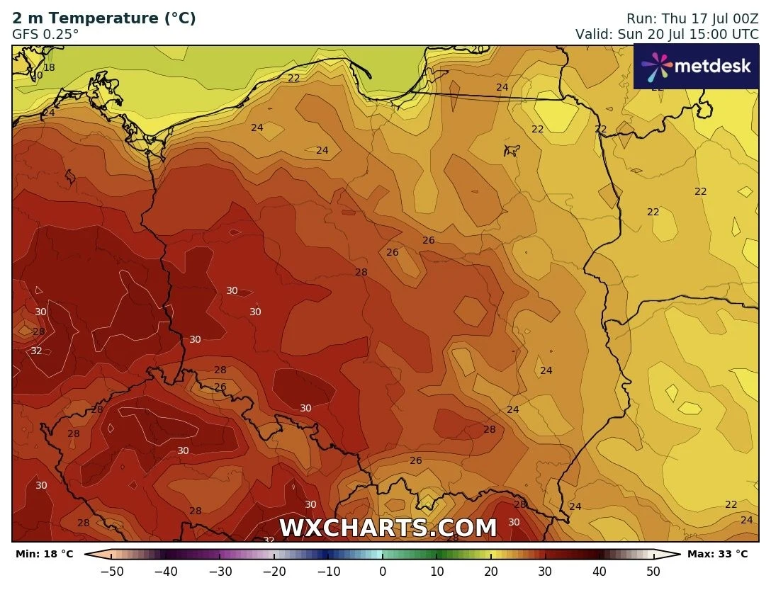Mapa temperatur w Polsce ukazująca prognozę na 20 lipca, większość kraju znajduje się w strefie wysokich temperatur, w centralnej i południowej części Polski występują wartości powyżej 30°C, w północnej części kraju temperatury niższe, rzędu 22-26°C.
