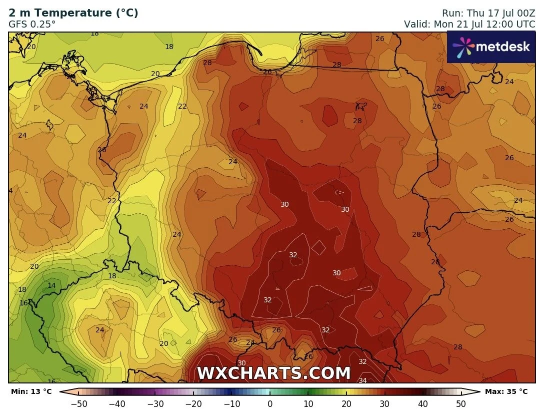 Prognoza temperatury powietrza w Polsce, intensywne czerwone i pomarańczowe kolory wskazują na wysoki upał, szczególnie w centralnej i południowo-wschodniej części kraju, podczas gdy na zachodzie i północy jest nieco chłodniej.
