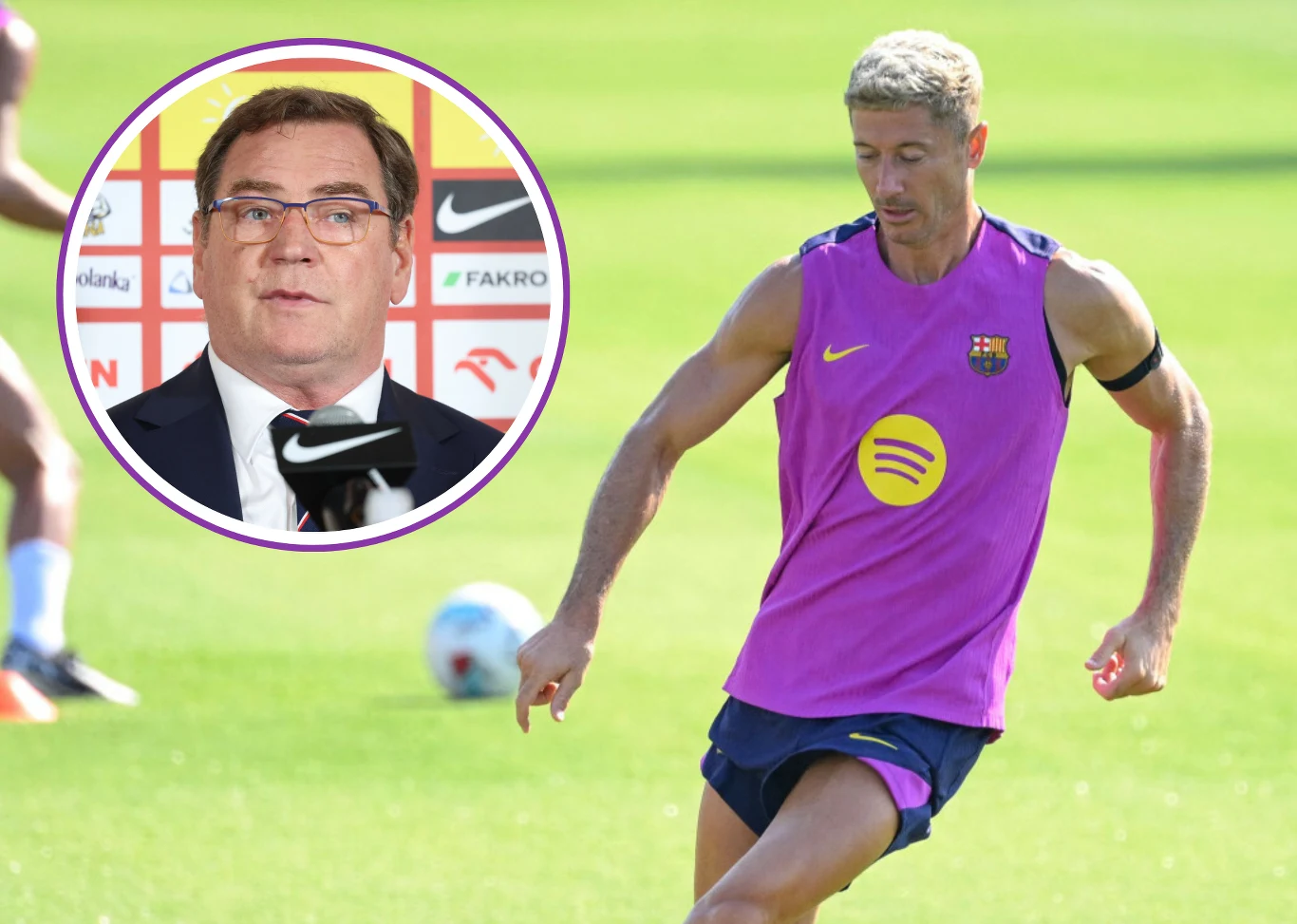 Nowy selekcjoner reprezentacji Polski Jan Urban oraz Robert Lewandowski Piłkarz w stroju treningowym Barcelony biegnie po murawie, w tle widoczna piłka, a w lewym górnym rogu okrągłe wstawienie z portretem mężczyzny w garniturze podczas konferencji prasowej.