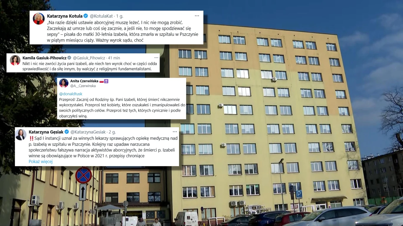 Fala komentarzy po wyroku, który zapadł ws. śmierci Izabeli z Pszczyny Budynek szpitala wielopiętrowego z licznymi oknami, na pierwszym planie widoczne zaparkowane samochody i znaki drogowe, nałożone wypowiedzi zawierają komentarze osób dotyczące dostępności i jakości opieki medycznej oraz szpitala w Przemyślu.