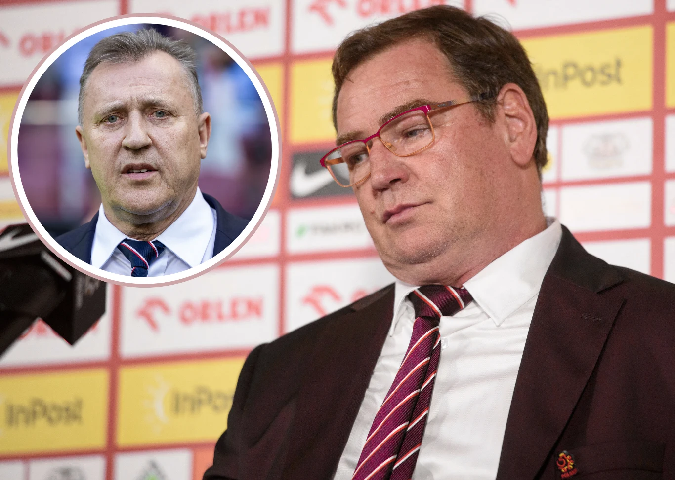 Prezes PZPN Cezary Kulesza i selekcjoner reprezentacji Polski Jan Urban Dwie osoby w centrum zainteresowania, jedna siedząca przed ścianką sponsorska, druga w okrągłym wstawionym kadrze. Obaj mężczyźni w garniturach, atmosfera sugeruje oficjalną konferencję lub wypowiedź prasową.