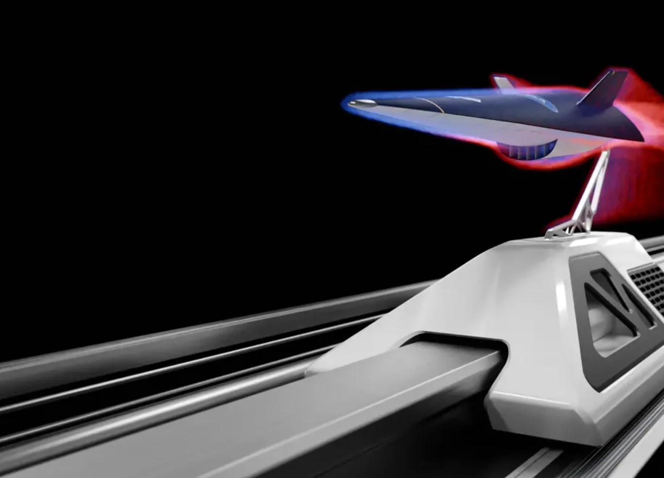 Tak może wyglądać kosmiczny maglev w wykonaniu Auriga Space Nowoczesna kapsuła hyperloop poruszająca się w tunelu magnetycznym, tło w kolorze czarnym podkreślające futurystyczny charakter technologii transportu.