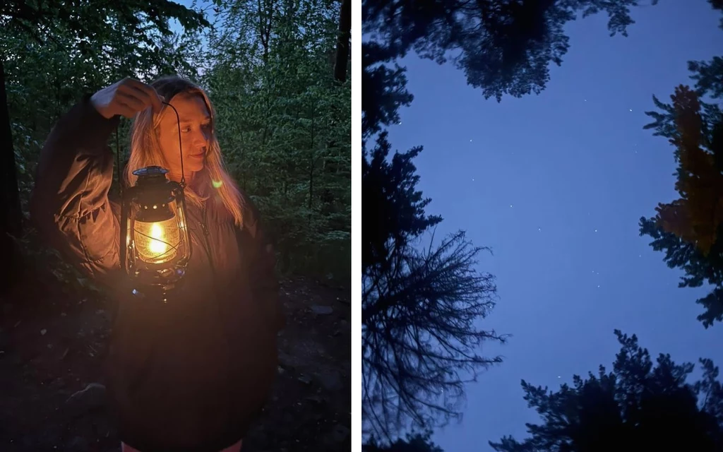 Szklarska Poręba zaskakuje nawet nocą Kobieta trzymająca latarnię na tle ciemnego, zalesionego otoczenia, obok widok nieba przez korony drzew w nocy, podkreślenie spokojnej atmosfery nocnego lasu.